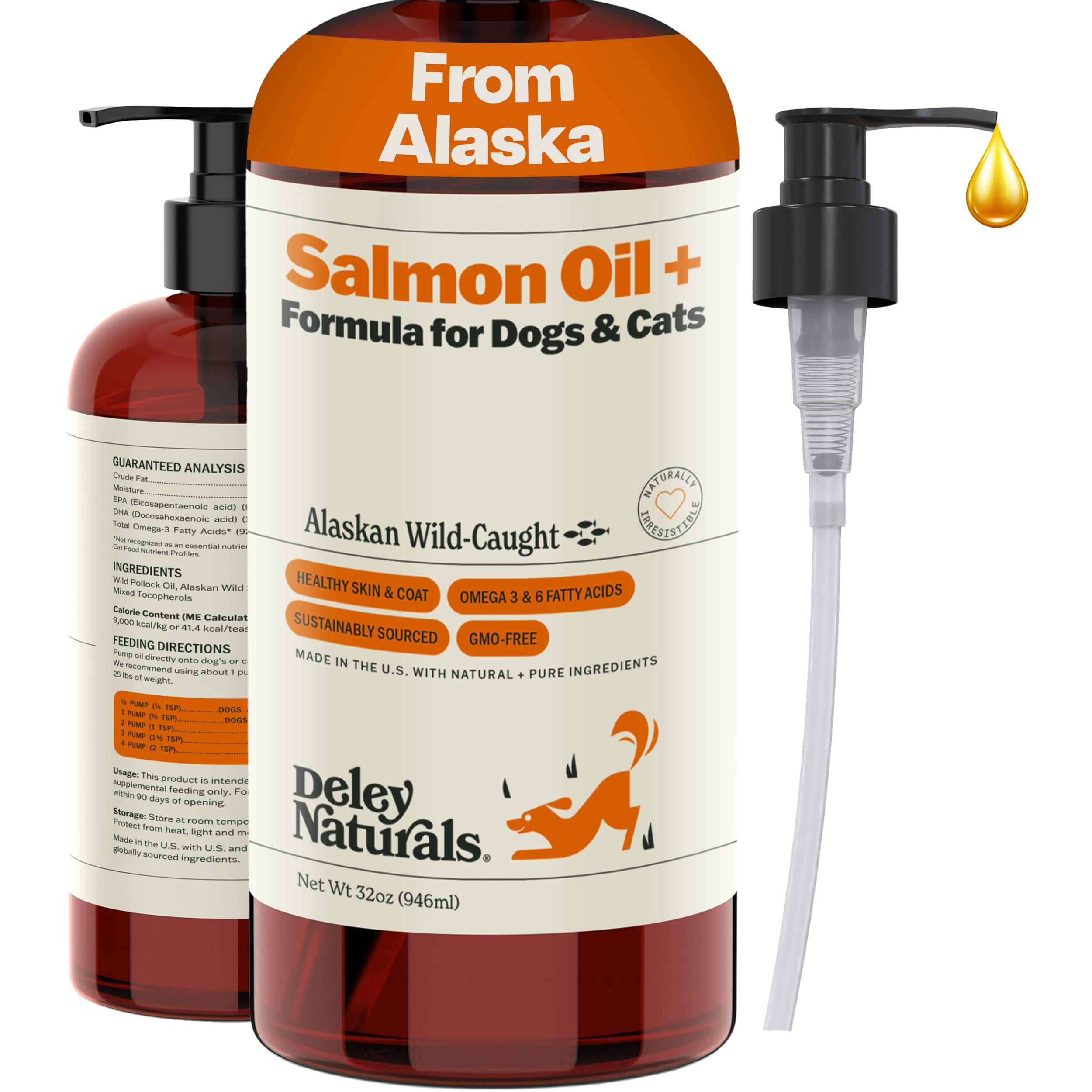 Bouteille huile saumon sauvage Deley Naturals prête à enrichir le repas.