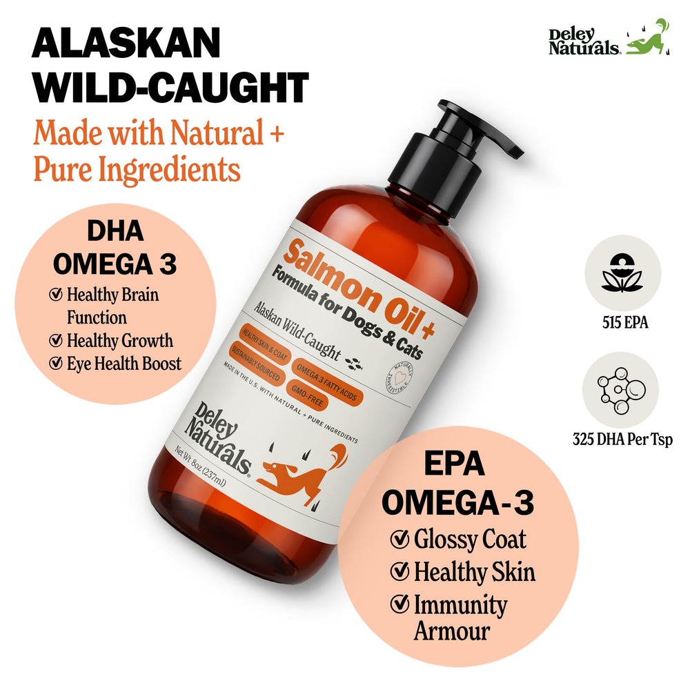 Deley Naturals illustration poisson saumon, source naturelle d’oméga pour chiens et chats.