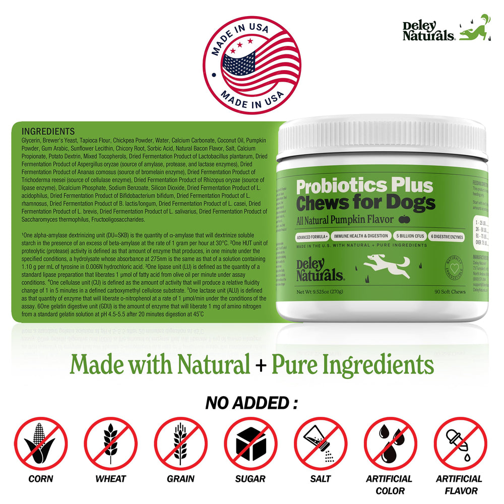Deley Naturals Probiotics Plus Chews — usage quotidien recommandé selon le poids.