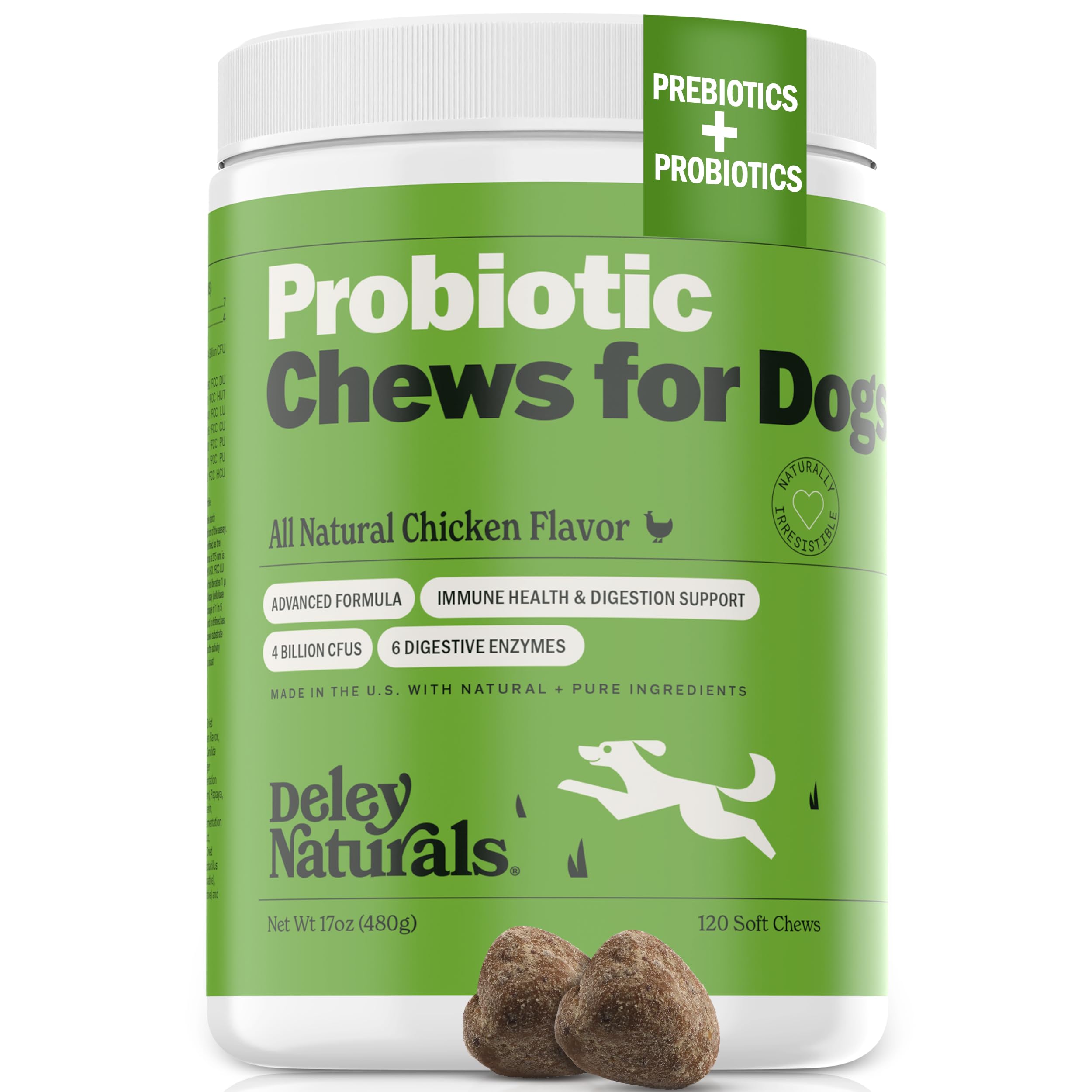 Deley Naturals: friandises probiotiques pour chiens, soutien digestif et selles régulières.