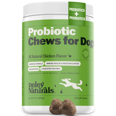 Deley Naturals: friandises probiotiques pour chiens, soutien digestif et selles régulières.