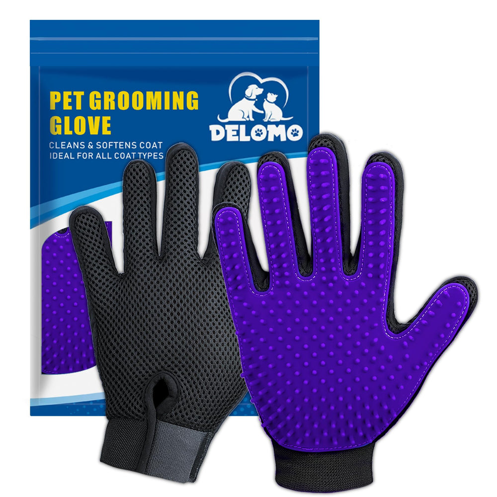DELOMO gant soin animaux, focus dos et poils longs, massage doux et élimination facile des poils