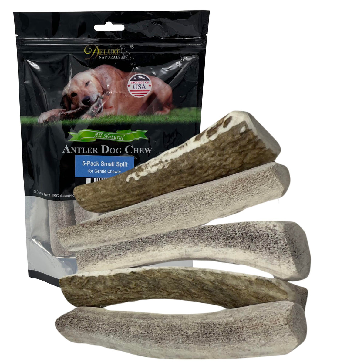 Deluxe Naturals – os d’élan découpé, friandise durable pour petits chiens joueurs.