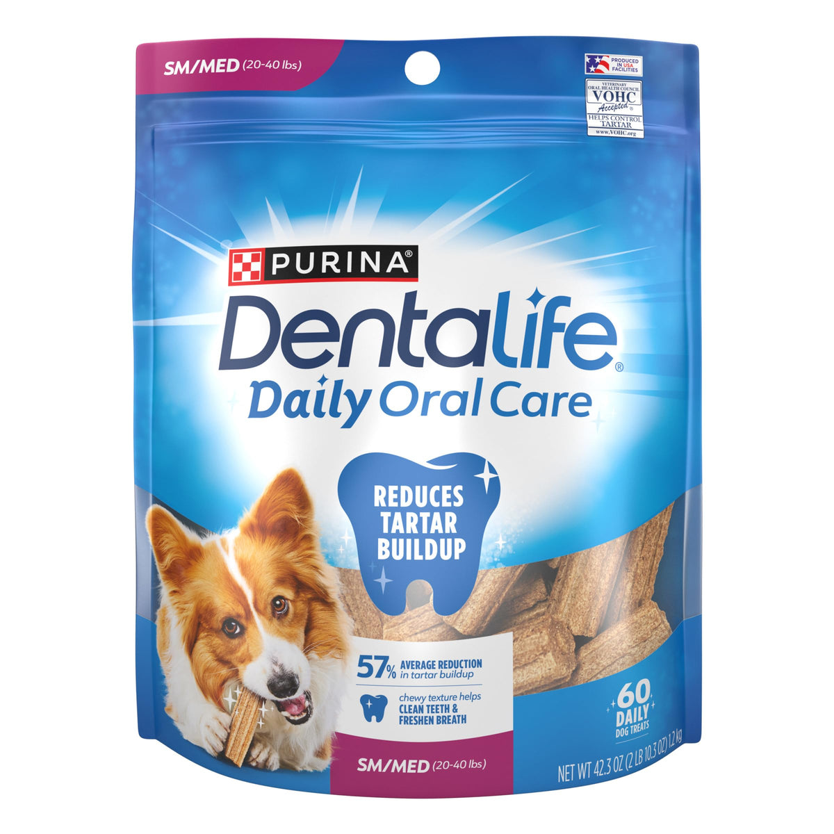 Friandise dentaire Dentalife dans une boîte de 60 unités, aide potentielle contre le tartre.