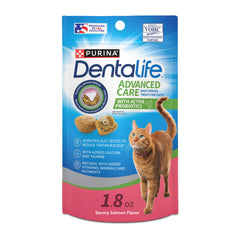 Dentalife paquet réutilisable montre l'emballage pratique qui préserve la fraîcheur des friandises saumon pour chat.