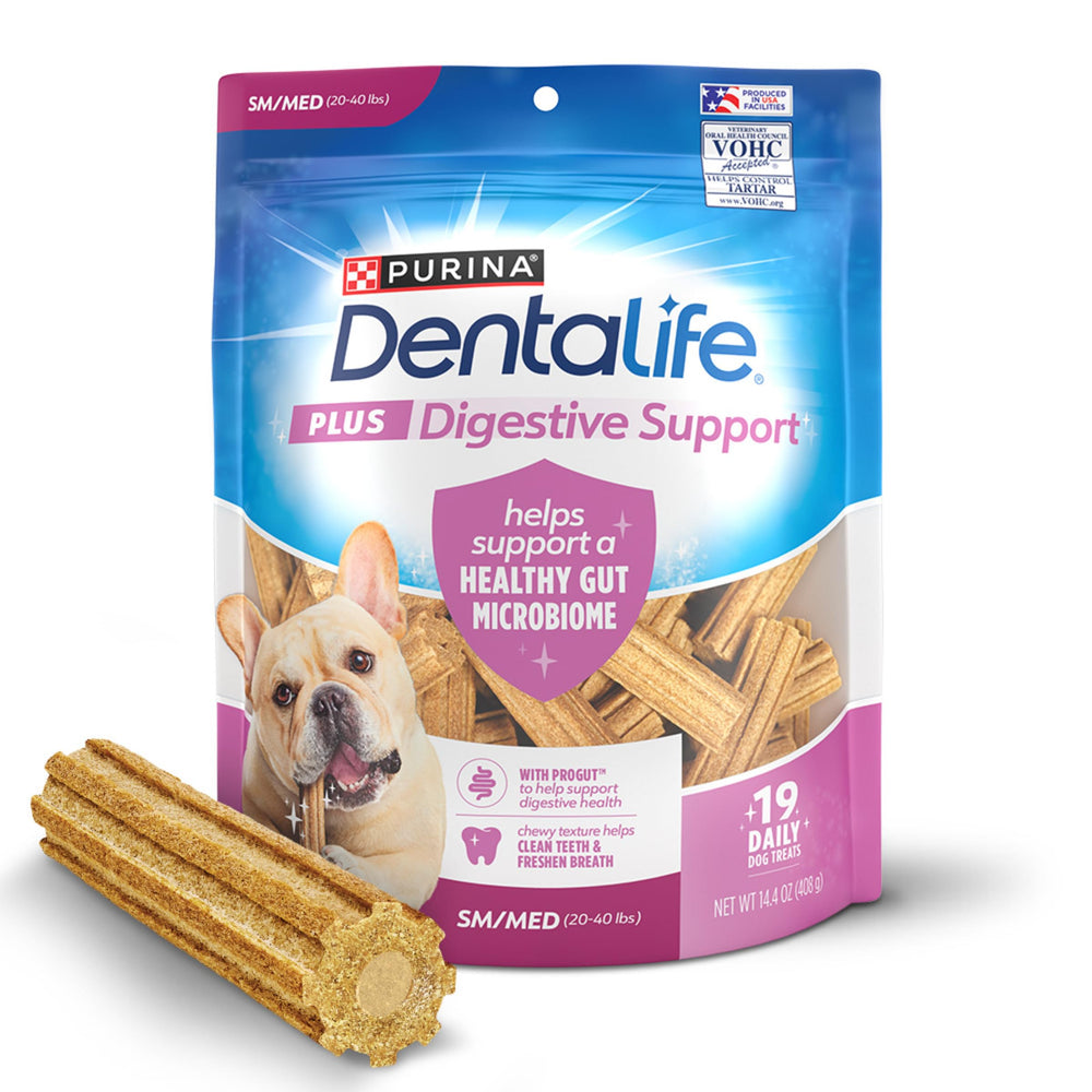 Emballage refermable DentaLife Plus révélant le format 14,4 onces et 19 bouchées