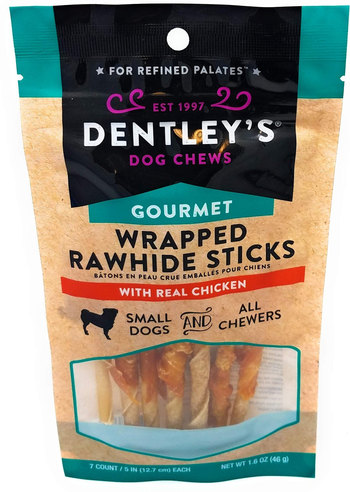 Dentley's Bâtonnets Bruts au Poulet emballés, récompense durable pour mâcher et stimulation mentale