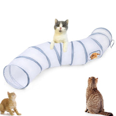 Tunnel Deofun chat en forme S blanc pliable, exploration et jeu en sécurité.