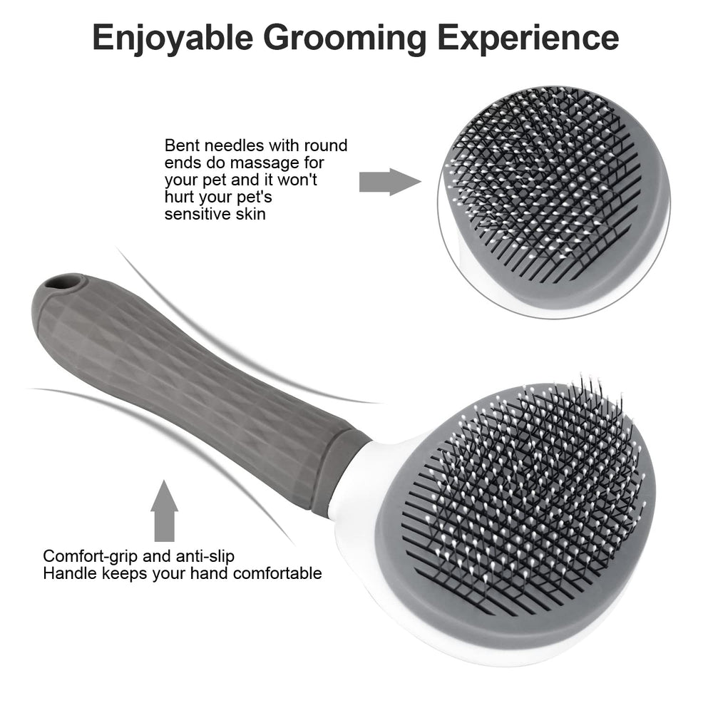 Depets brosse slicker gris en main offre un massage apaisant lors du brossage.