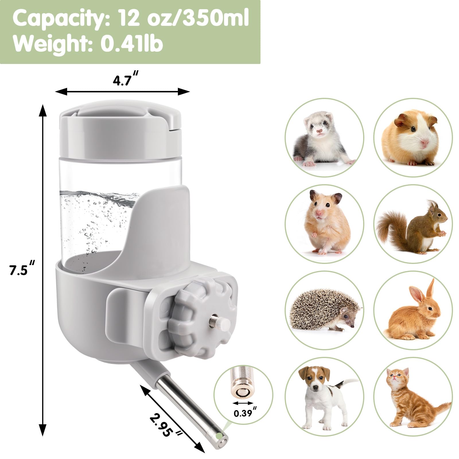 Depets capacité 355 ml adaptée petits animaux comme hamsters.