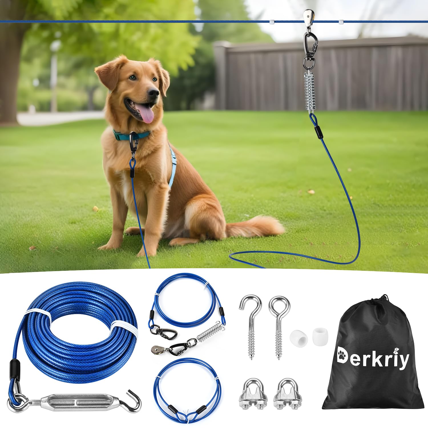 Derkriy câble-attache extérieur chien 75 pieds, liberté sécurisée pour votre chien dans le jardin