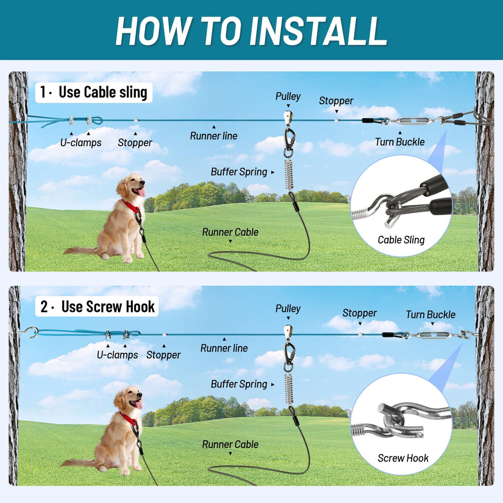 Derkriy Dog Runner guide d'installation rapide pour camping.