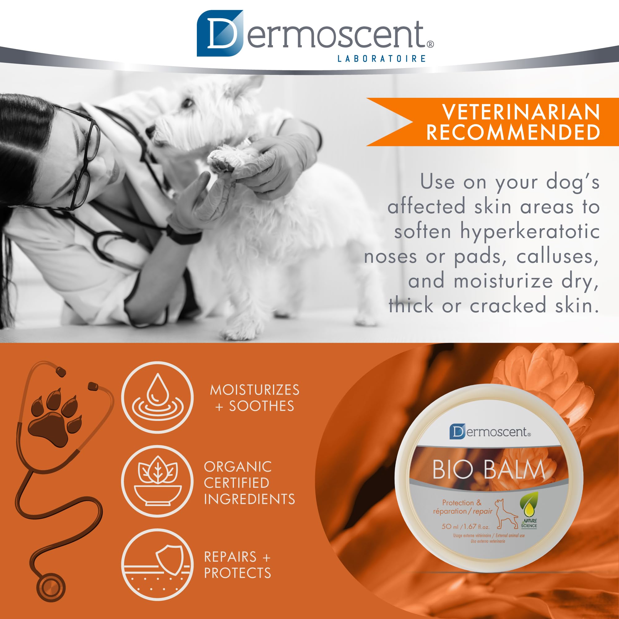 Dermoscent Bio Balm – soin-douceur-pattes: apaise les zones sèches et irritées.