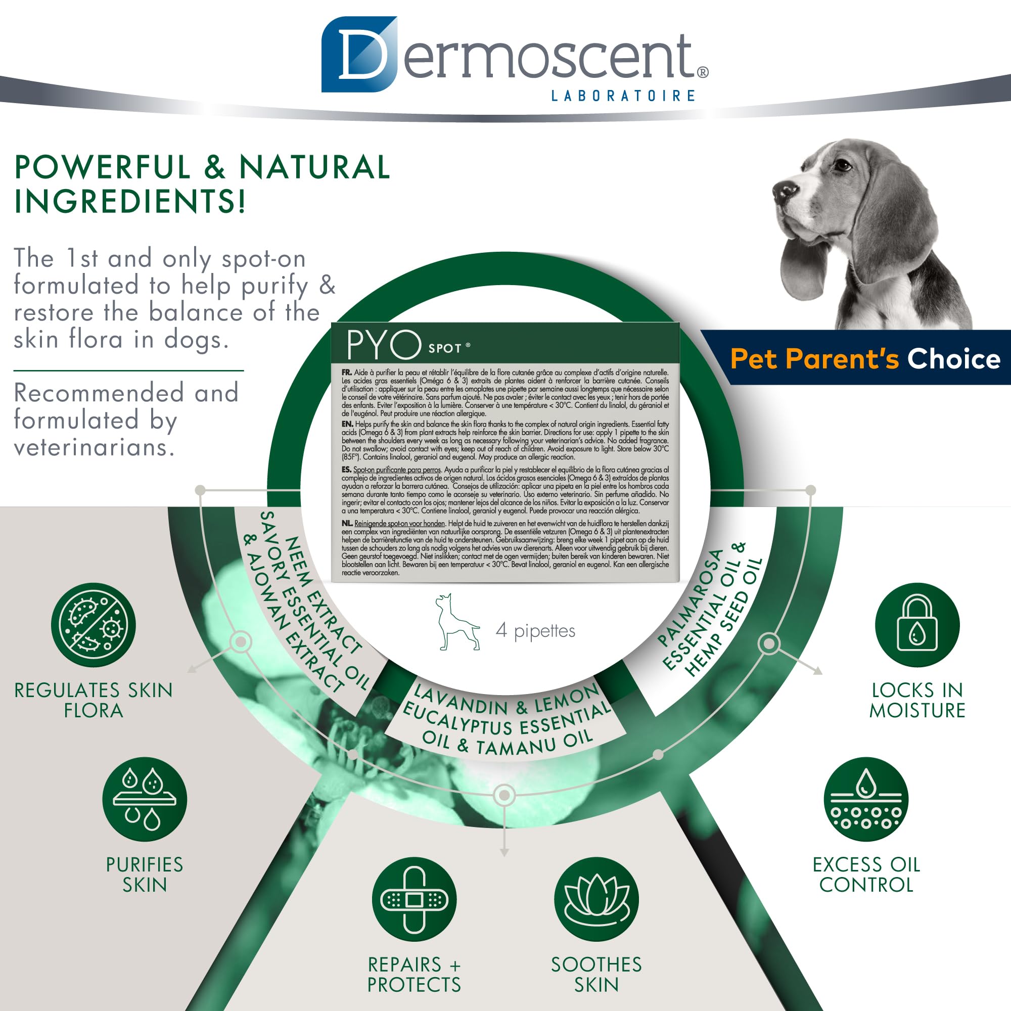 Dermoscent PYOSpot: diffusion bio assurant une couverture sur tout le corps.