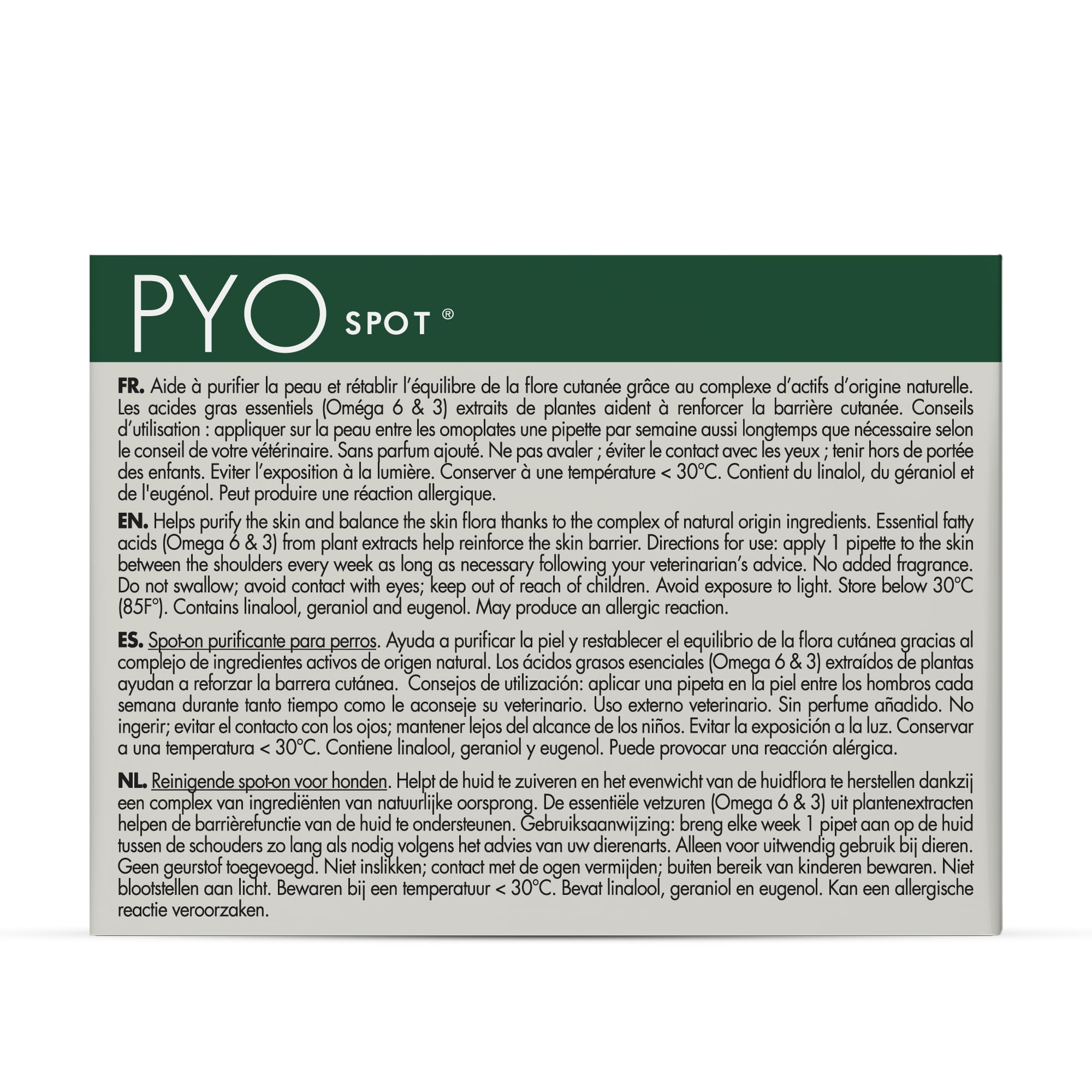 Dermoscent PYOSpot: emballage et etiquette montrant l'usage hebdomadaire simple.