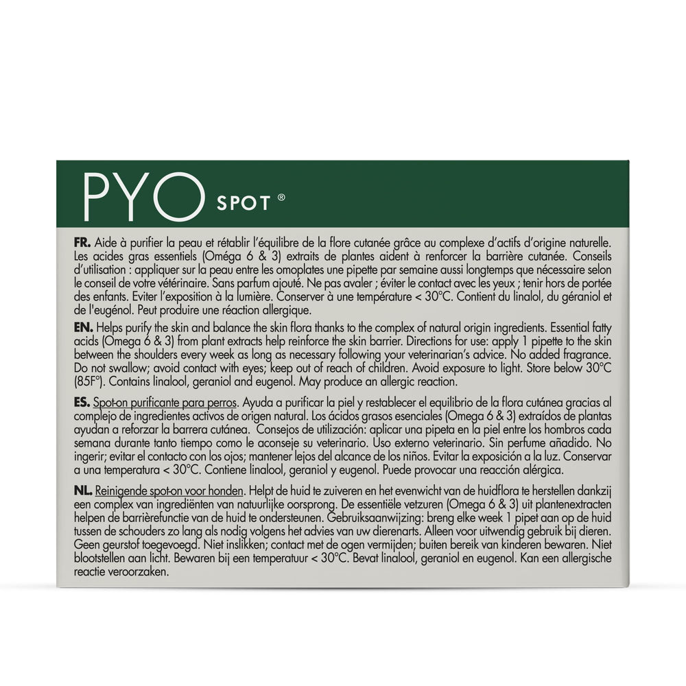 Dermoscent PYOSpot: emballage et etiquette montrant l'usage hebdomadaire simple.