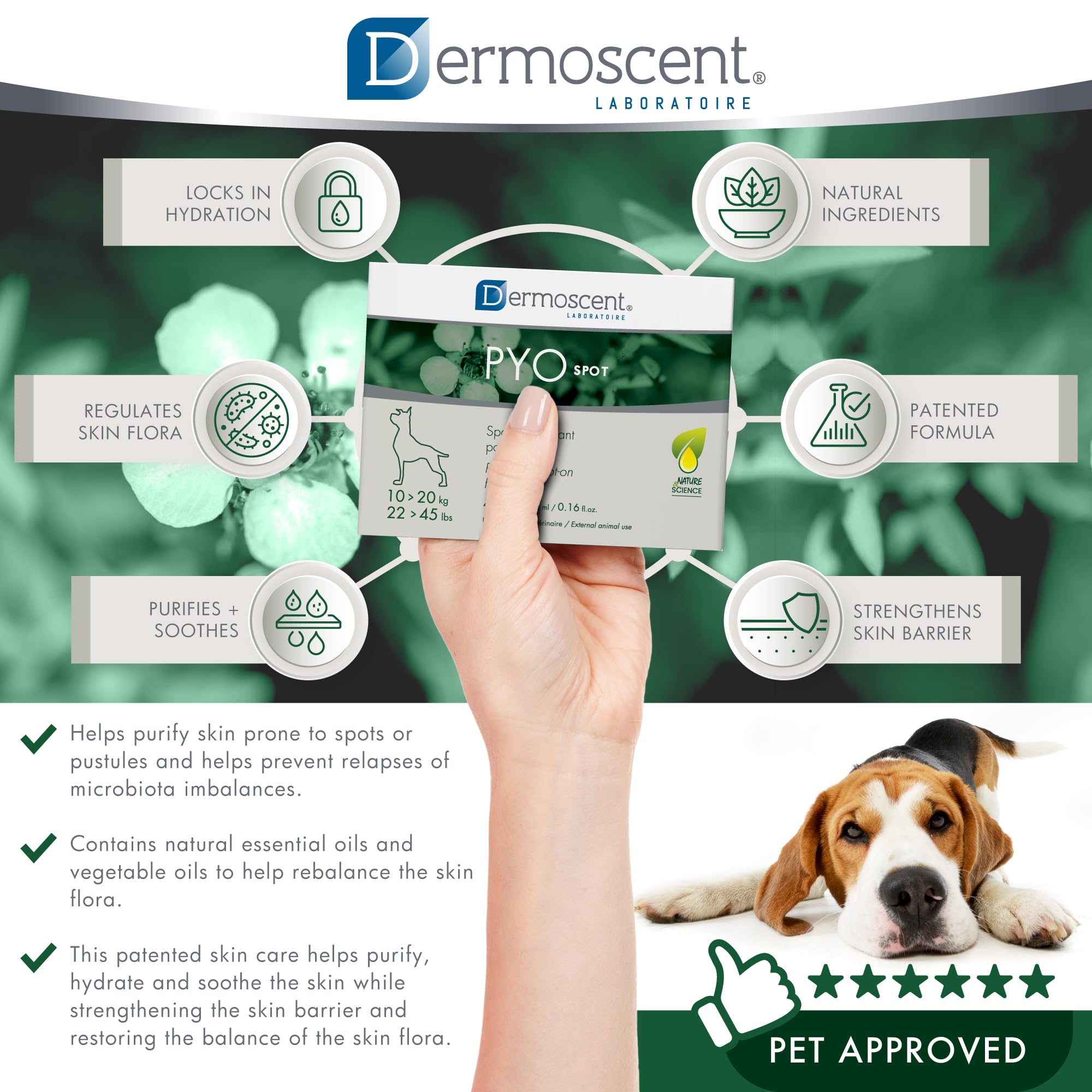 Dermoscent PYOSpot: pipette pratique pour une dose hebdomadaire précise.