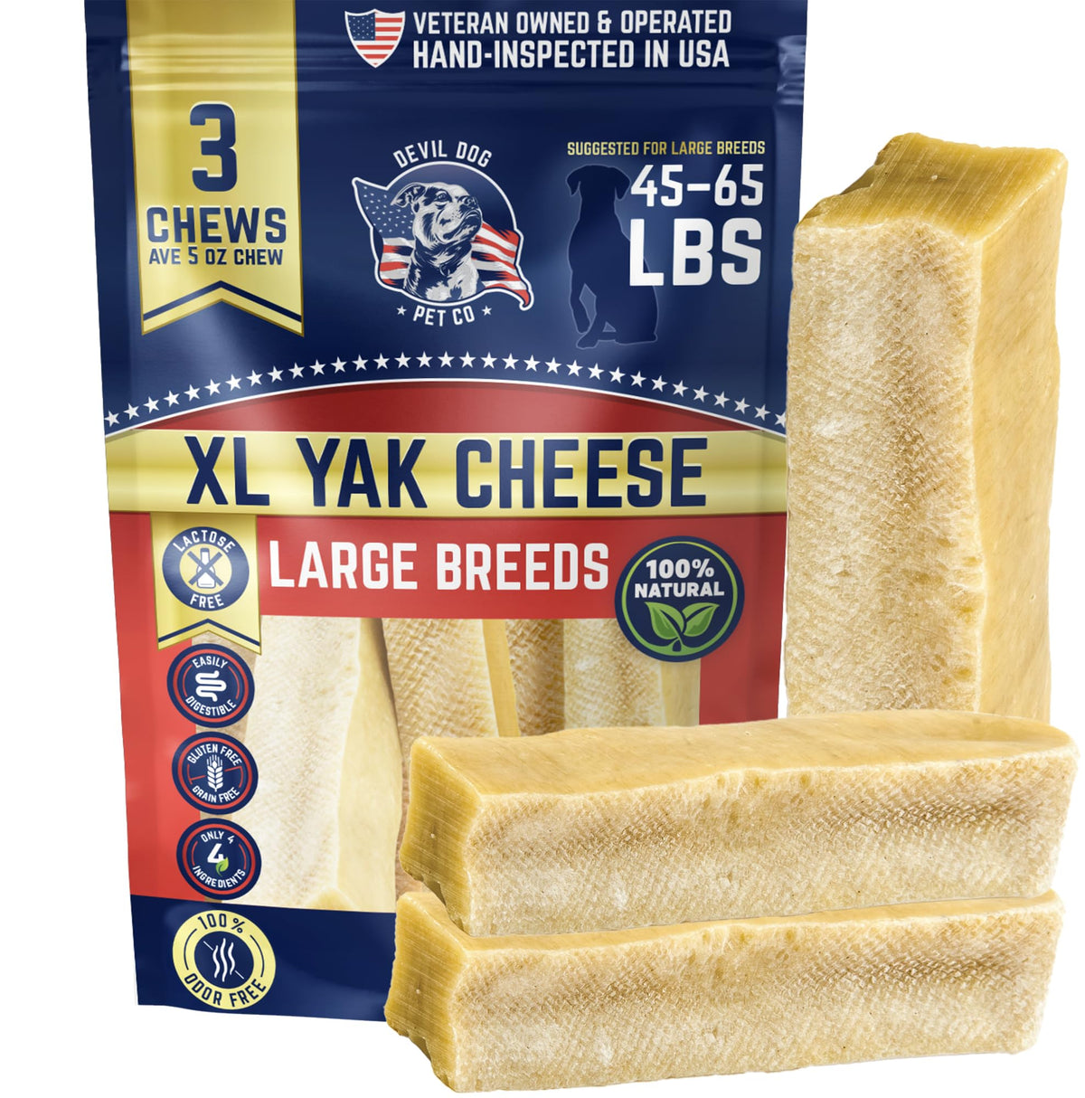 Devil Dog Pet Co Yak Cheese Chew XL 3-paquets pour grands chiens, mâchage durable.