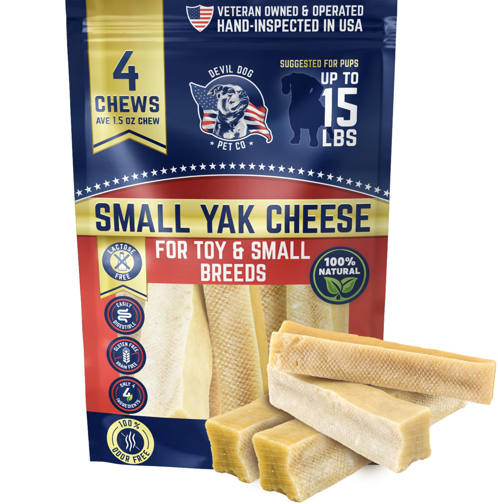 Devil Dog Pet Co friandises au yak pour petits chiens, pack de 4 pour une distraction durable.
