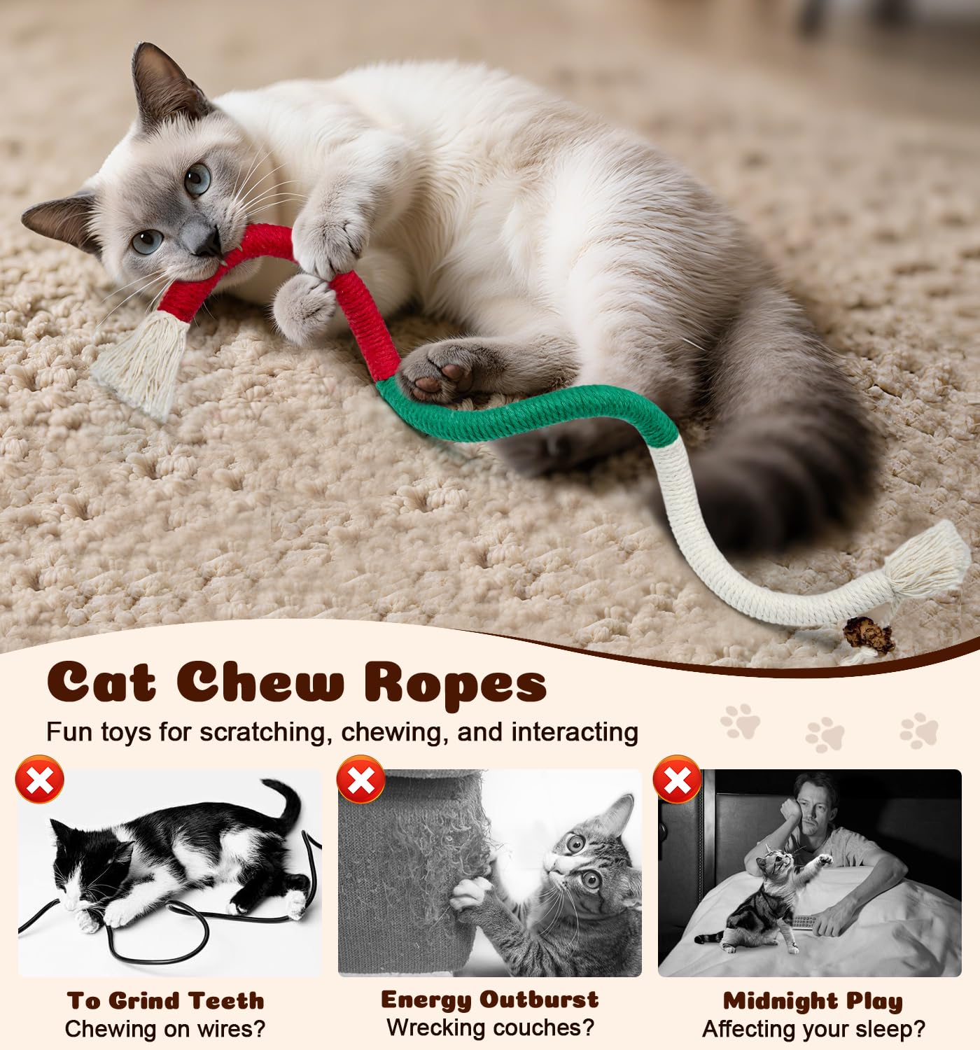 Dgerp corde-mordillage pour chats: coton doux pour dentition et entretien.