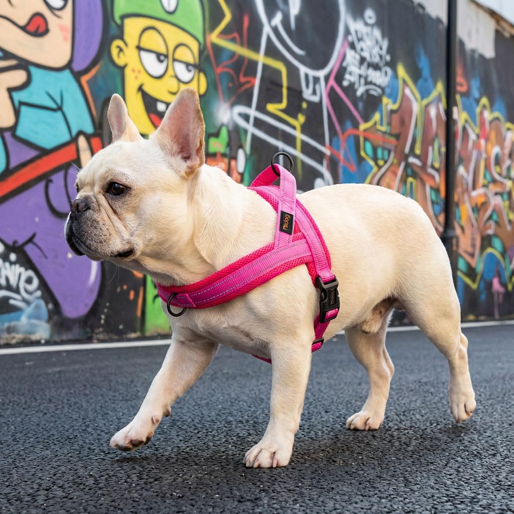 Harnais Didog à boucle rapide sur mesh rose-fluo.