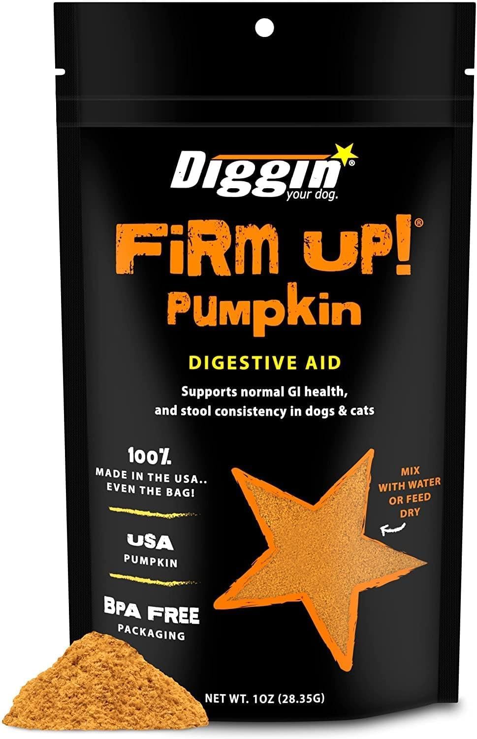 Diggin’ Your Dog Firm Up, bouteille 1 oz avec supplément citrouille pour chiens et chats, soutien digestif potentiel.