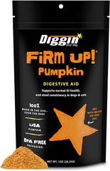 Diggin’ Your Dog Firm Up, bouteille 1 oz avec supplément citrouille pour chiens et chats, soutien digestif potentiel.