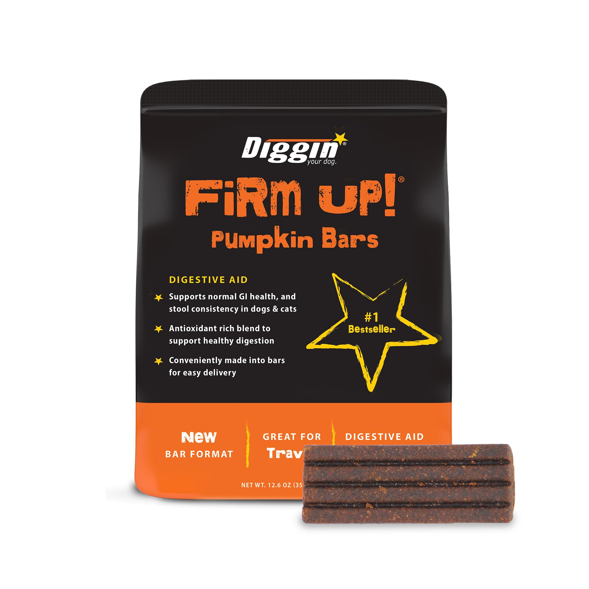 Diggin' Your Dog Firm Up Bars pour chiens et chats, barres à la citrouille favorisant la digestion.