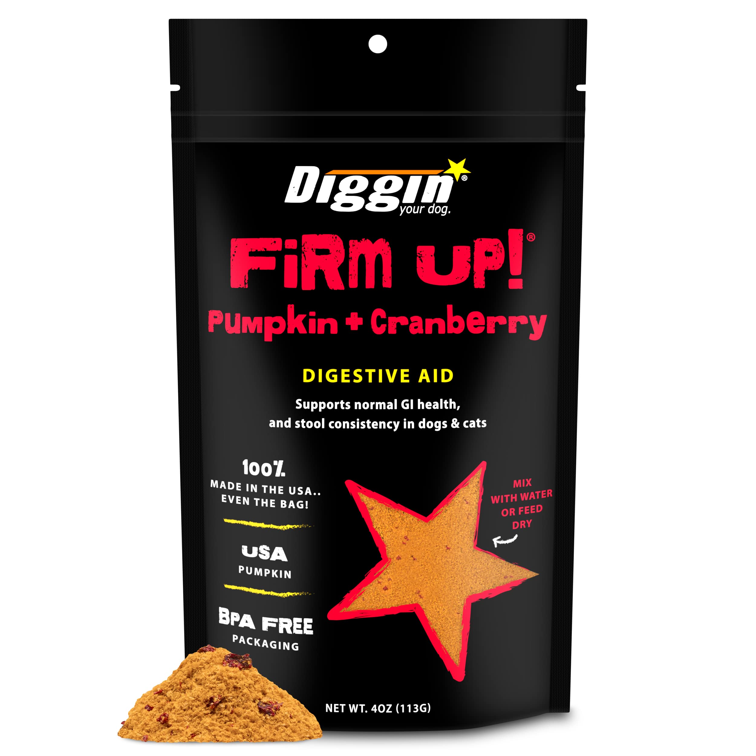 Diggin' Your Dog Firm Up Citrouille Cranberry, bouteille: soutien potentiel à la digestion et à la régularité.
