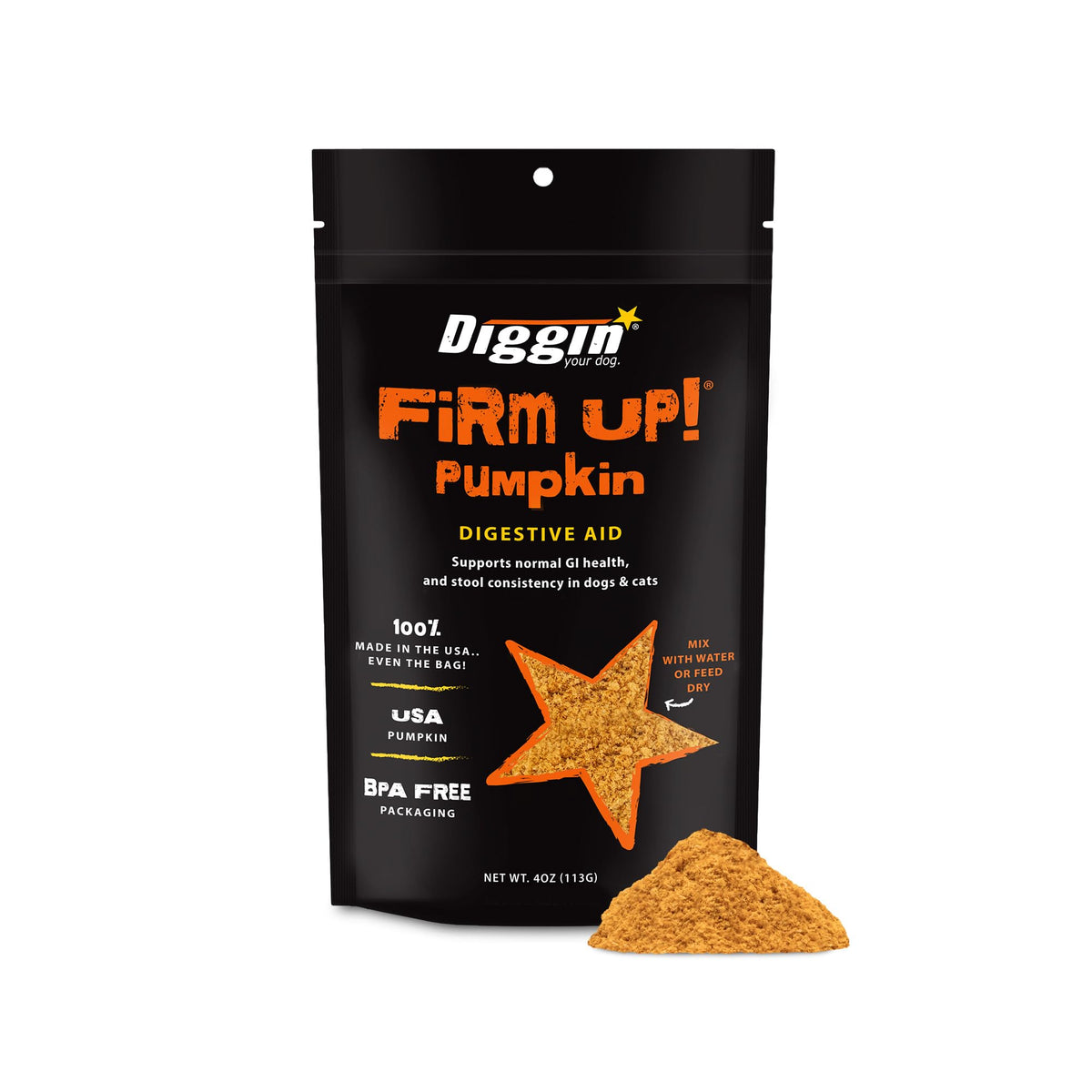 Diggin' Your Dog Firm Up Poudre de citrouille pour digestion équilibrée.