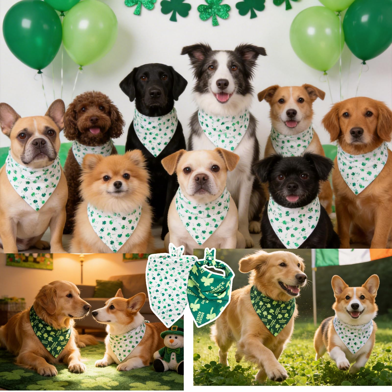 Dimidium bandanas slogan bisou canin trefle vert, parfait pour défilés et promenades.