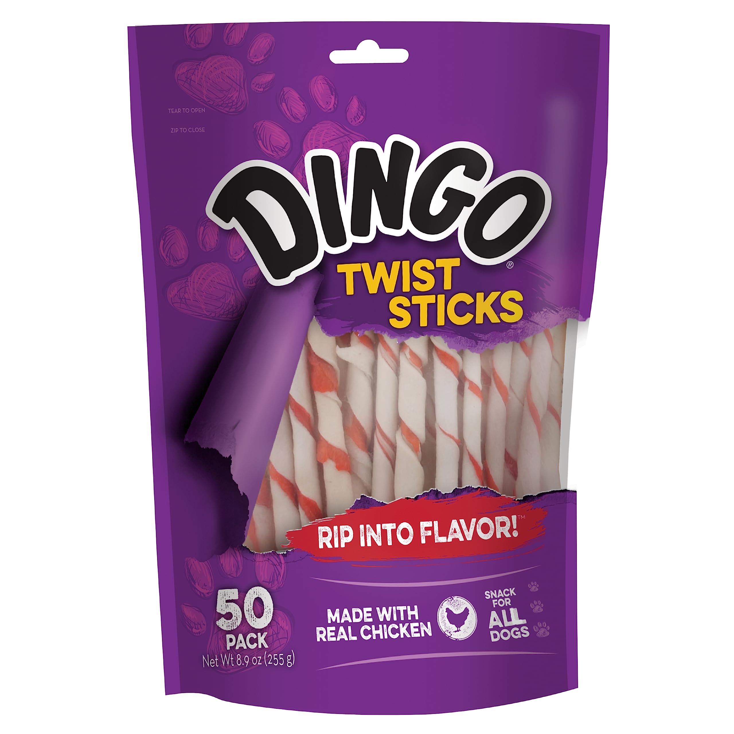 Dingo Bâtons torsadés au poulet réel, friandise savoureuse pour chiens actifs.