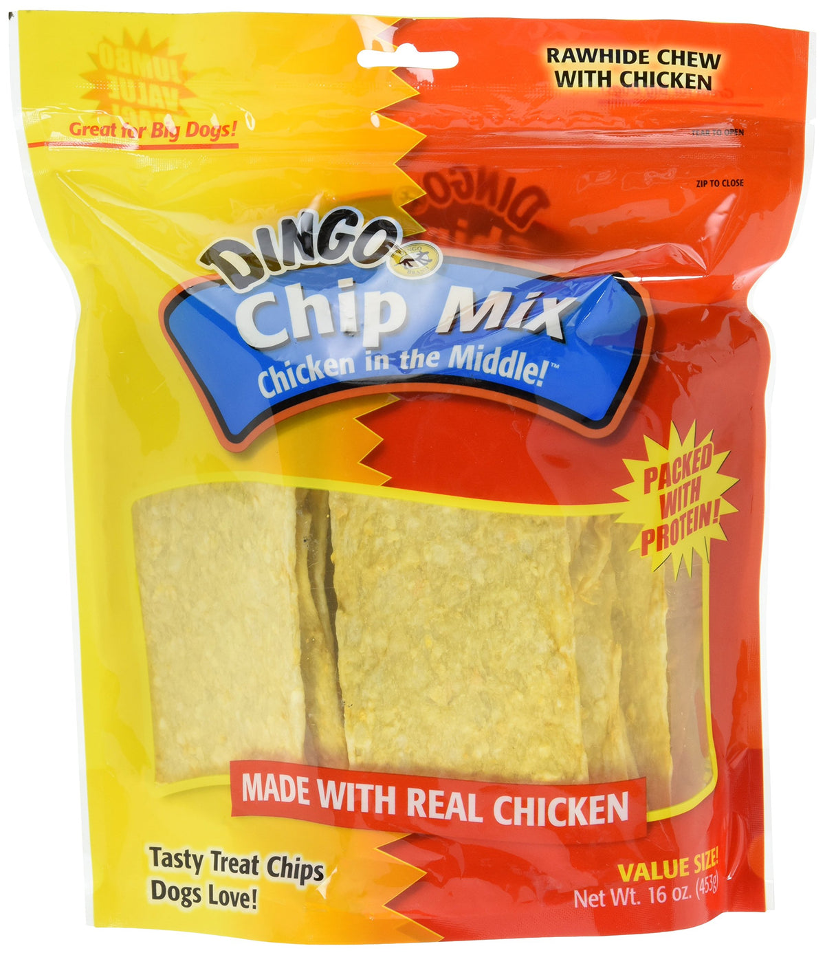 Dingo Chip Mix: chips cuir brut et poulet, favorise la mastication et le nettoyage des dents.