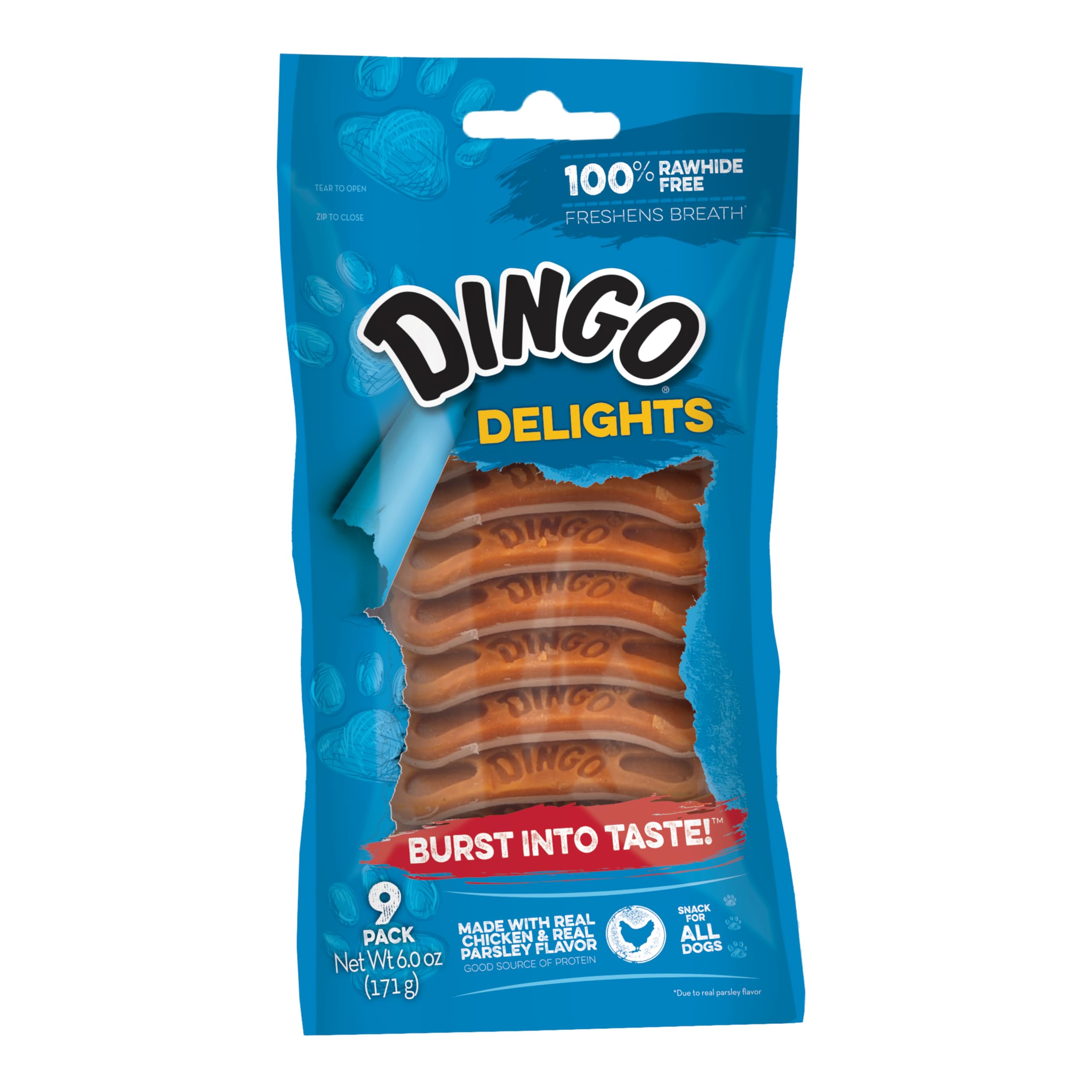 Dingo Delights: boîte refermable de 9 friandises au poulet pour chiens.
