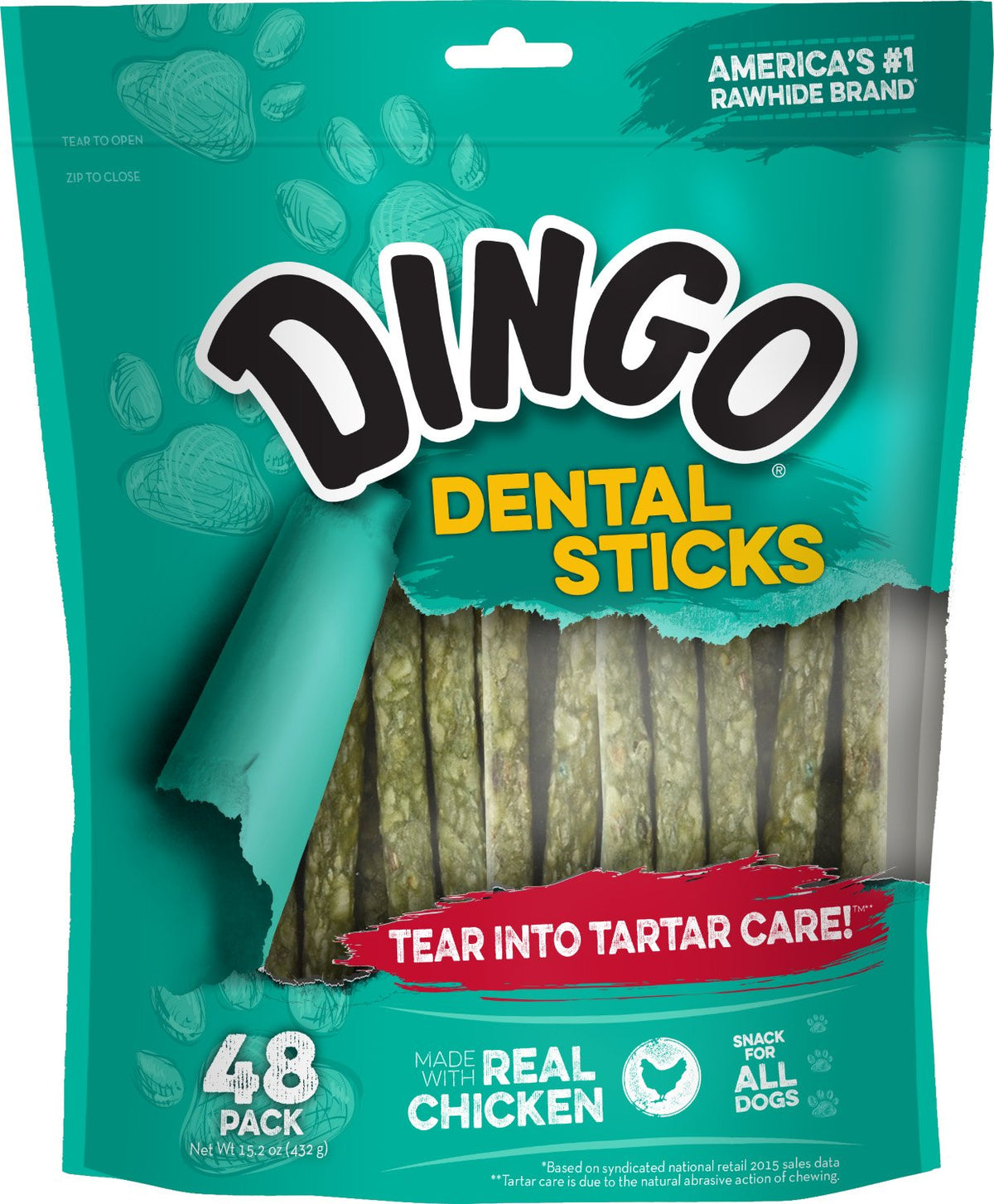 Sticks dentaires Dingo dans un emballage à fermeture, pratique pour conserver la fraîcheur.