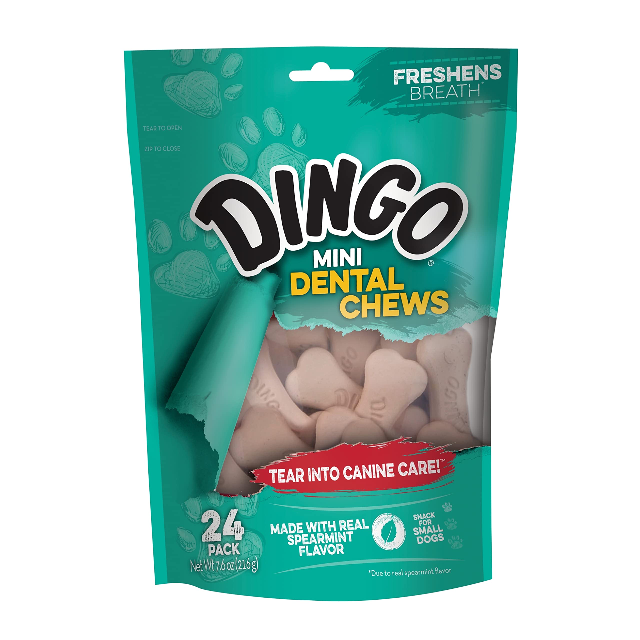 Dingo mini-mâchons dentaires dans l'emballage refermable, pratique pour l'hygiène dentaire.