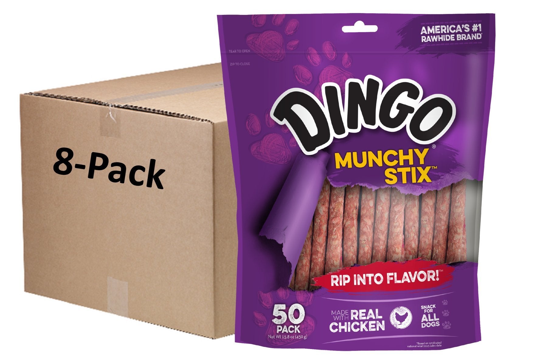 Dingo Munchy Stix avec morceaux de poulet visibles pour récompenser