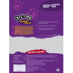 Roulé Dingo Porkie avec centre poulet visible pour chien heureux.