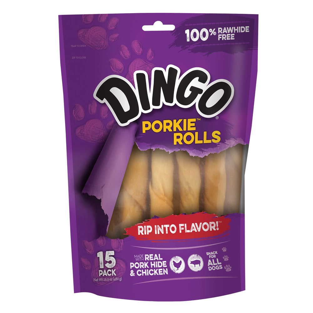 Dingo Porkie Rolls emballage attractif, récompense idéale pour chien.
