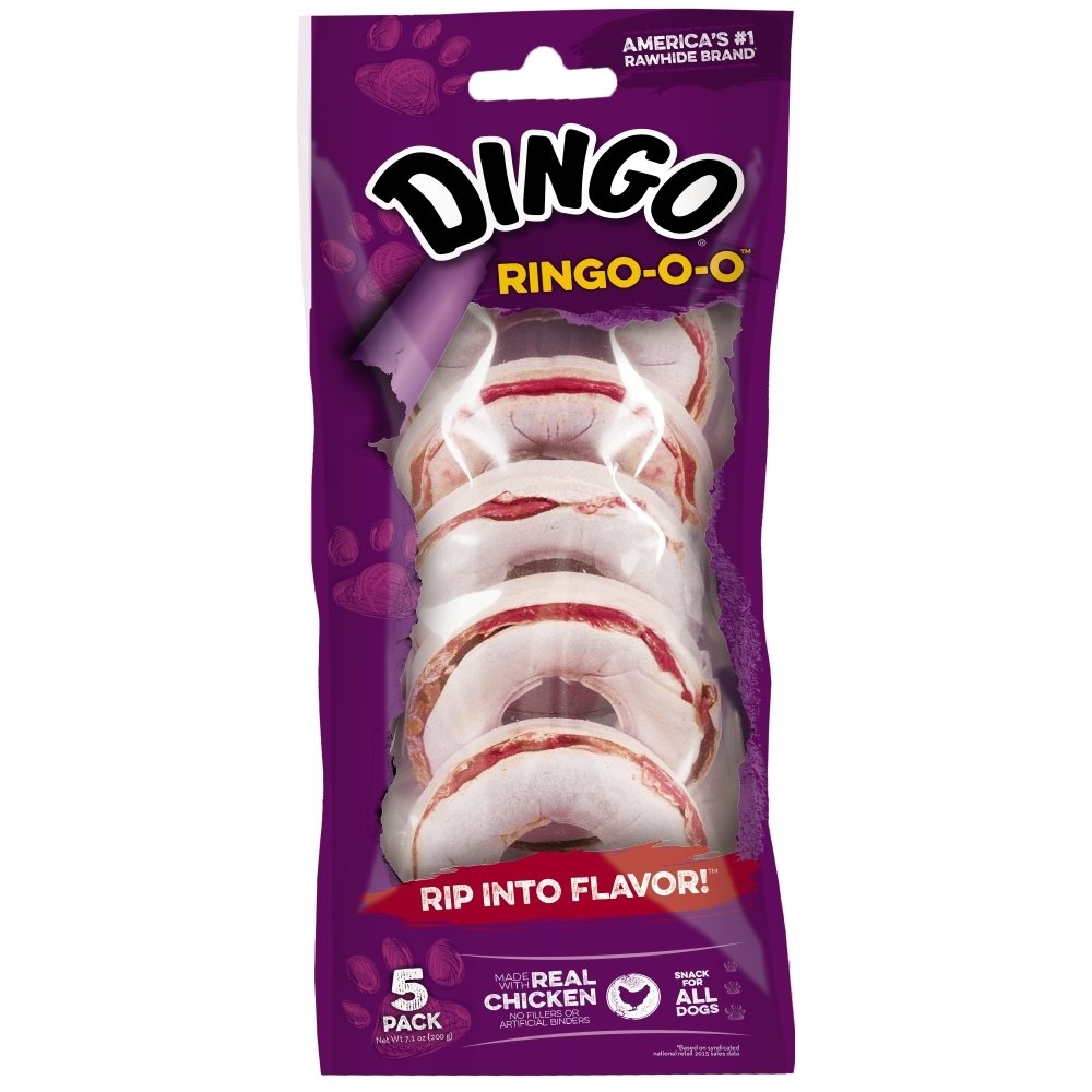 Dingo Ringo-o-o : anneau poulet en cuir brut, mastication agréable pour chien.