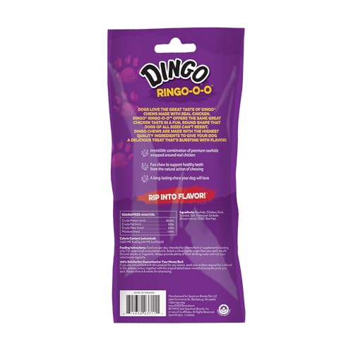 Dingo Ringo-o-o : poulet enrobé cuir brut, bouchée savoureuse pour chiens de toutes tailles.