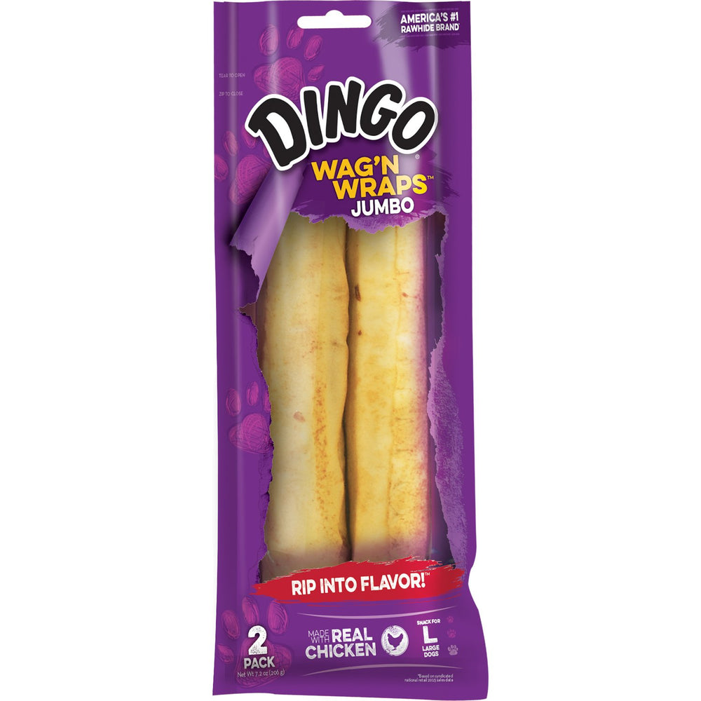 Dingo Wag’n Wraps Jumbo avec poulet intérieur visible, friandise idéale pour grands chiens.