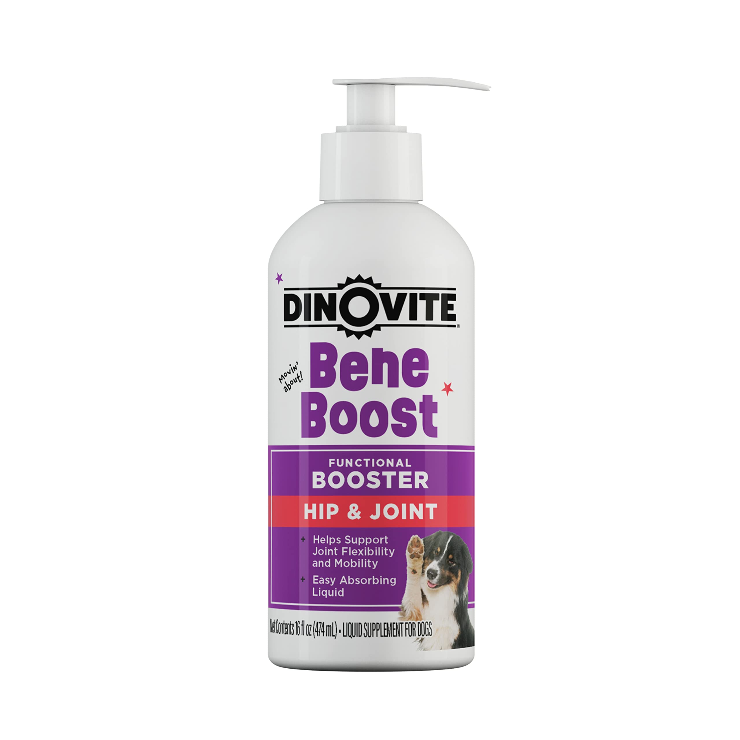 Dinovite BeneBoost bouteille pour chien, verser sur sa nourriture pour soutenir les articulations.