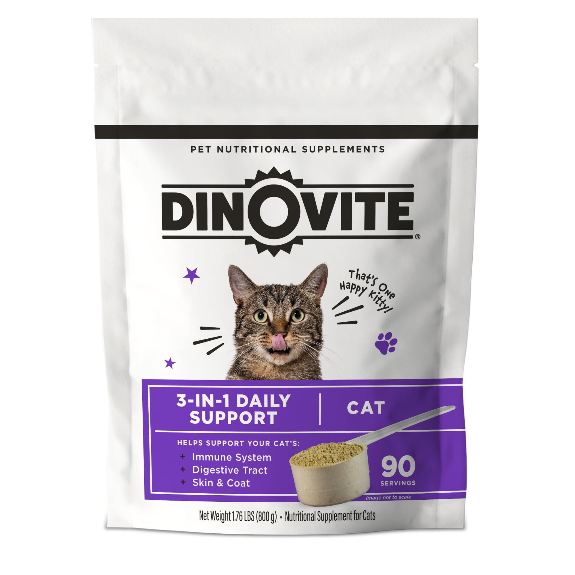 Dinovite pour chats – bouteille illustrant le soutien immunitaire et digestif.