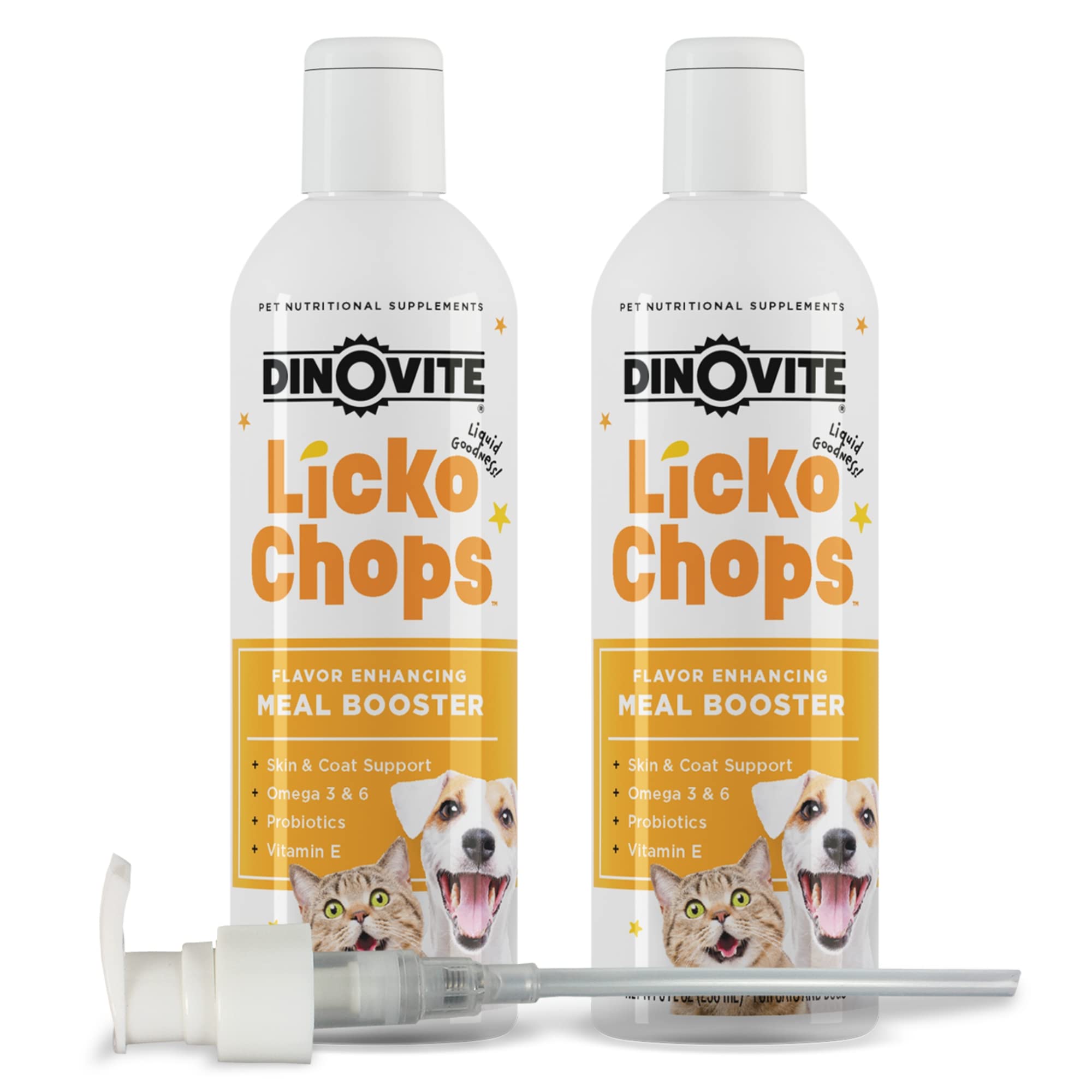 Dinovite Lickochops: bouteille-pompe facile à doser dans les repas.