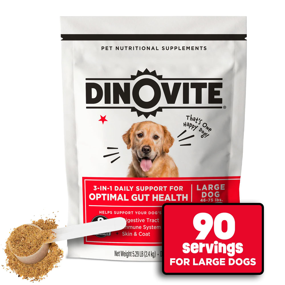 Dinovite Probiotique Chien – bouteille ouverte, soutien digestif et peau saine.
