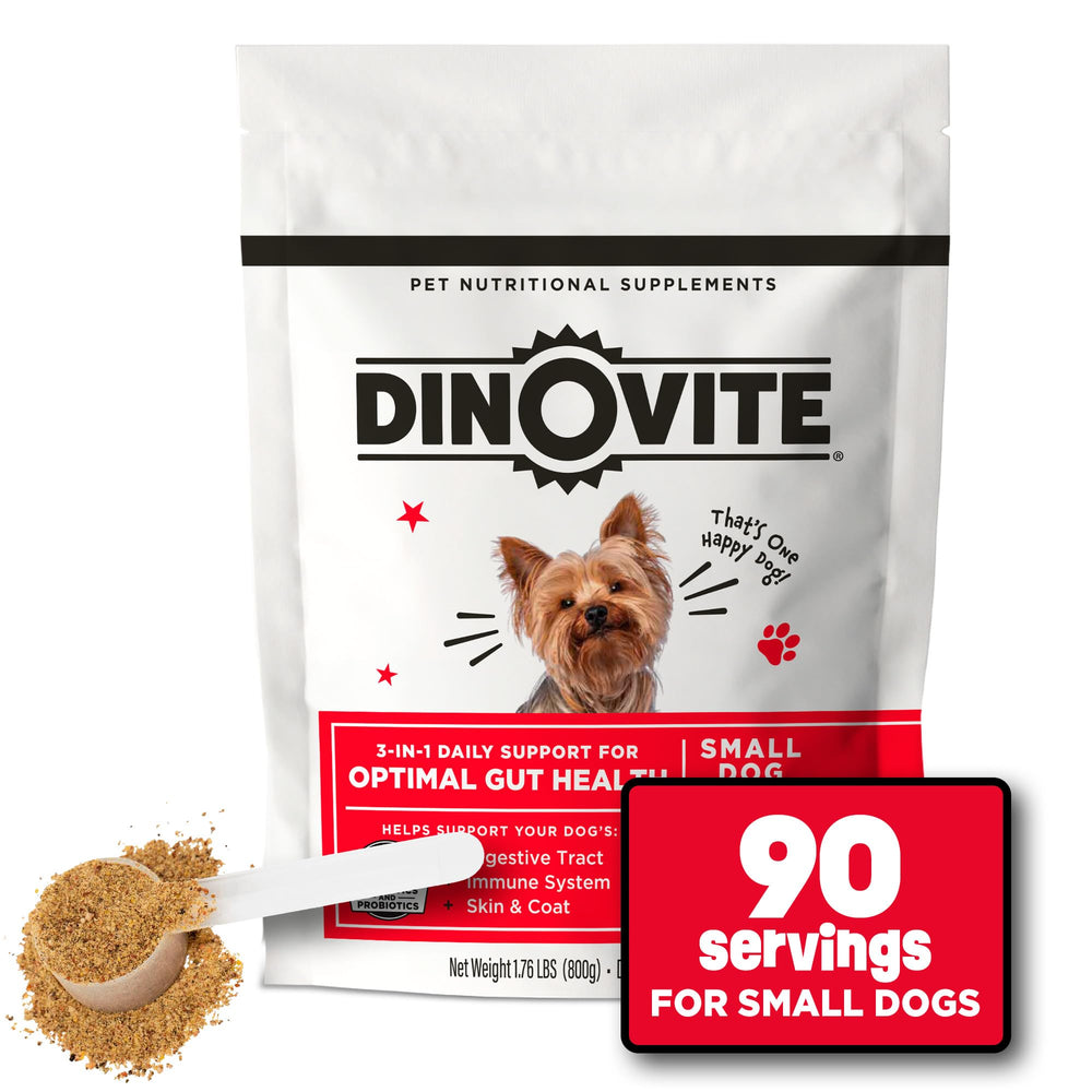 Dinovite Probiotiques chien bouteille: soutien digestif quotidien et peau saine.