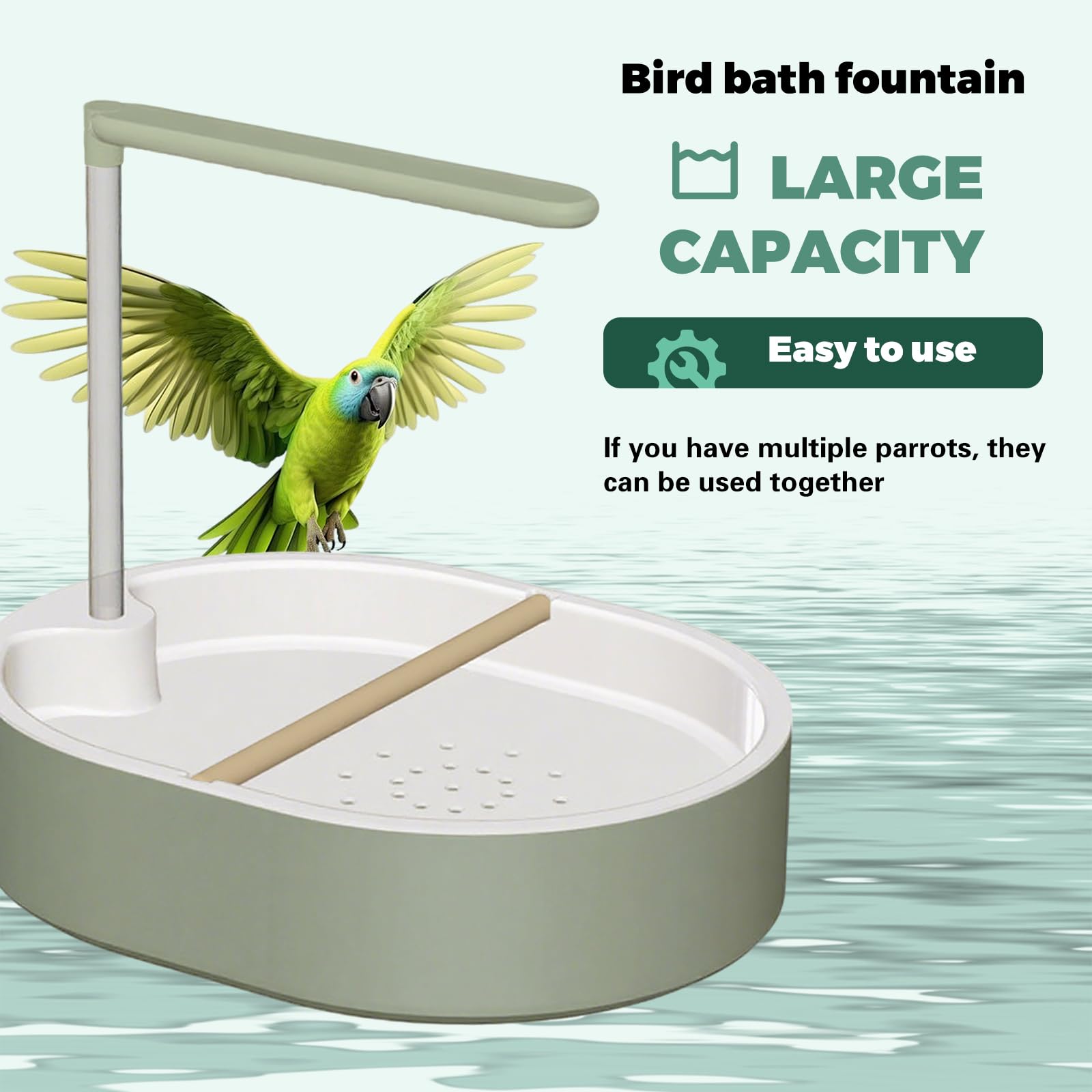 Grand bac de 31 cm pour que plusieurs oiseaux puissent jouer ensemble.