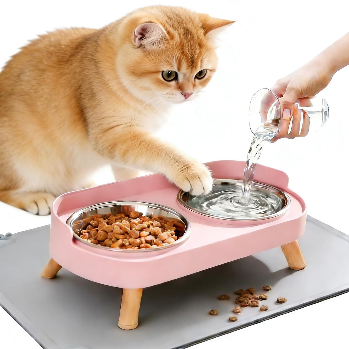DIRZHX gamelles surélevées pour chats avec tapis alimentaire rose, posture naturelle lors des repas.