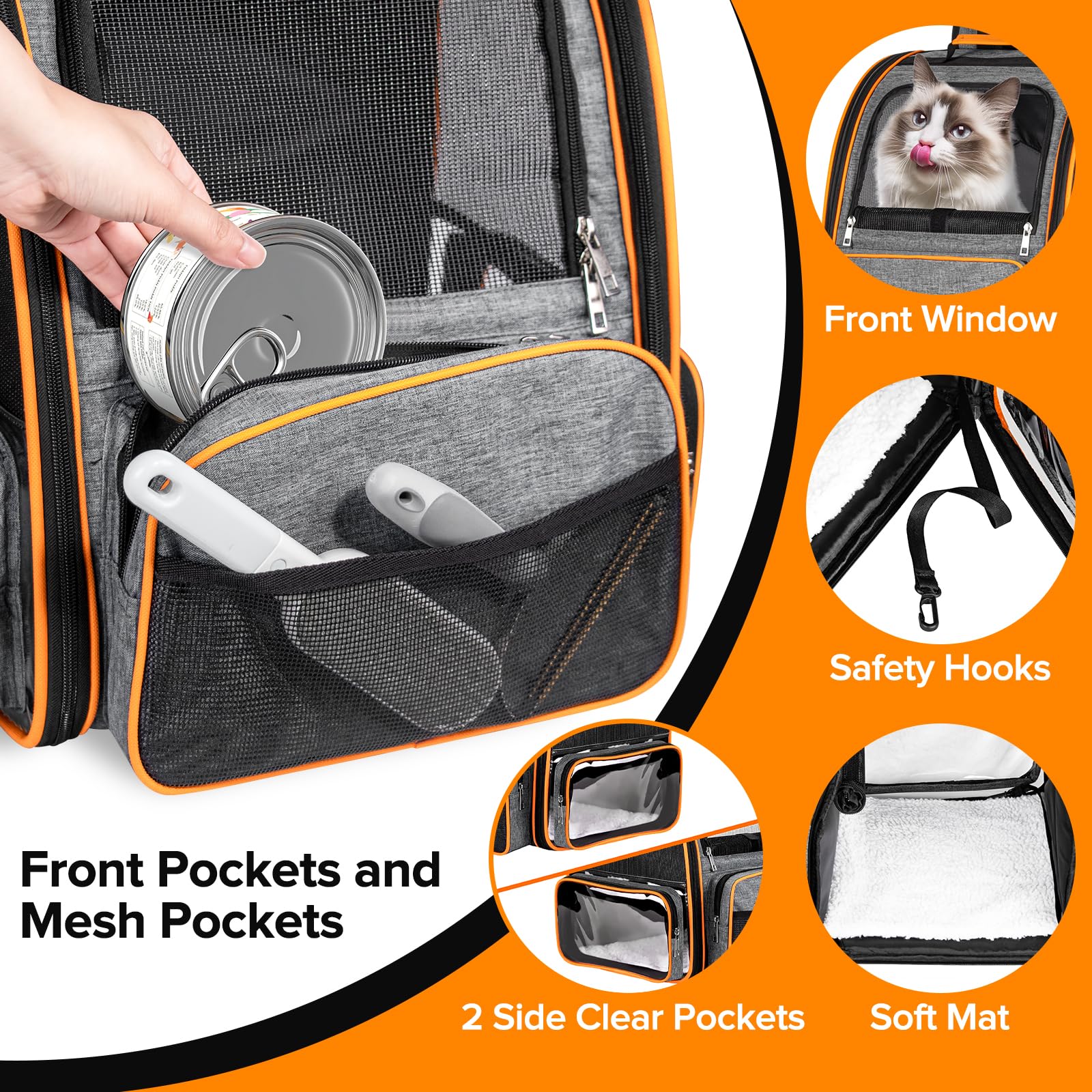 Discala sac-dos-chat poches extérieures: rangement pratique pour friandises et accessoires.